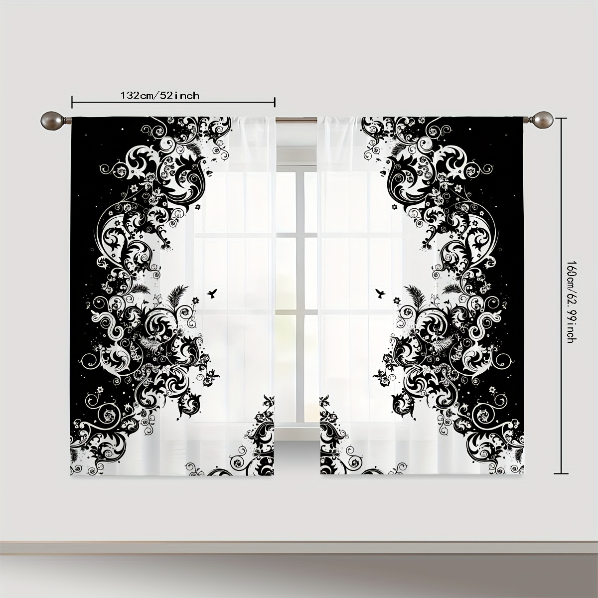 TEMU 2pcs Black Abstract European Pattern Curtain Curtain, Bar Gauze Curtain, Translucent, Living Room Bedroom Curtain, Room Decoration, Light Washed