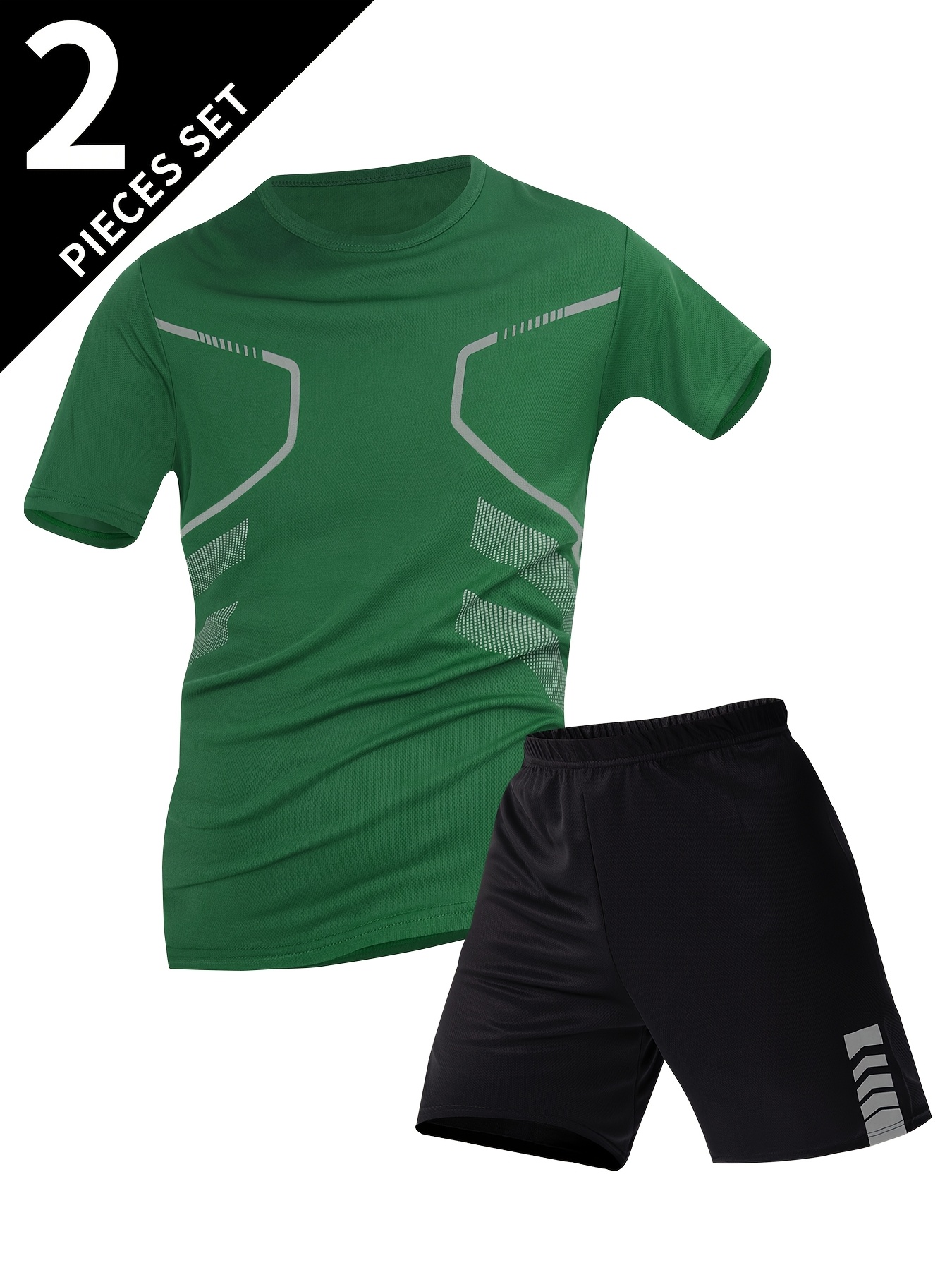 2pcs Men'S Summer Short Sleeve Suit - Casual Sporty Round Neck T-Shirt & Shorts Set, Breathable Polyester Blend, Regular Fit, White & Black with Orange Accents, Perfect for Outdoor Activities, Summer Casual Wear | Sporty Look | Comfortable Fit, Summer Shorts