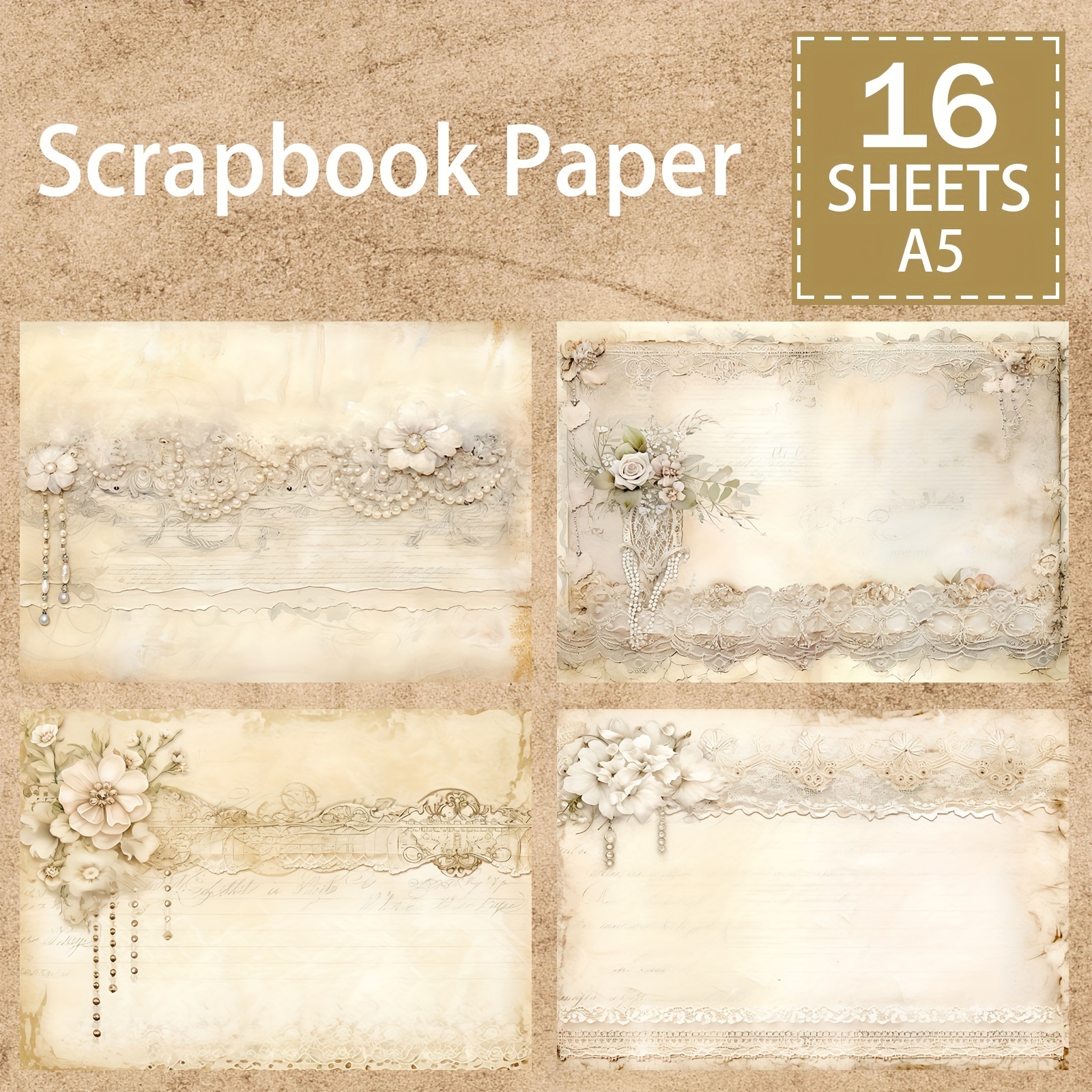 

Vintage Lace & Paper Pack - 16 Sheets A5 Size, Decorative Craft Paper For Diy Projects, Journals, Card Making, And Scrapbooking