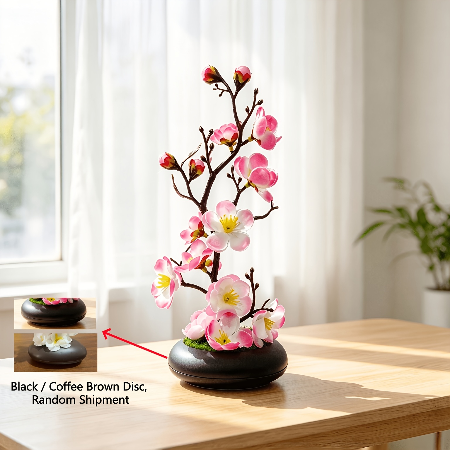 TEMU 1pc Cherry Bonsai, With Black/brown Flat Round Pot/including Container, Festive Decoration Artificial Flower, Suitable For Home Decor, Desktop
