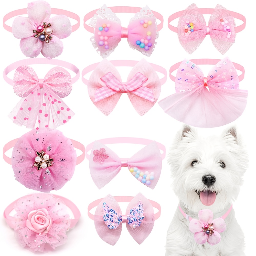 TEMU 10pcs Vibrant Dog Bow Ties - Adjustable Polyester Collars With Flower & Diamond Accents, Cute Cat Necklaces For Spring Grooming, Small To Medium Breeds, Pet Accessories | Gear | Knit Texture