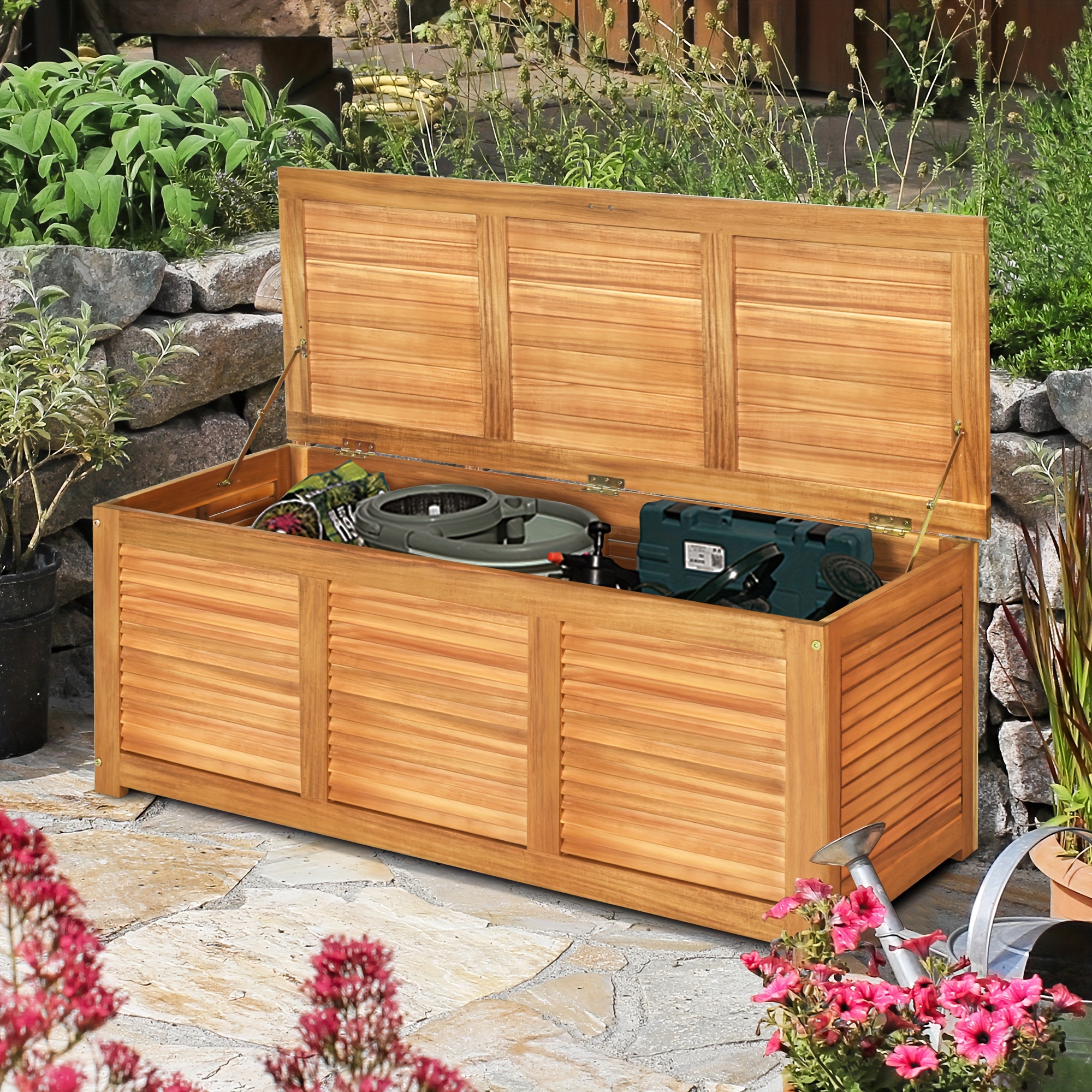 

Acacia Wood Deck Box 47 Gallon Garden Backyard Storage Bench Container