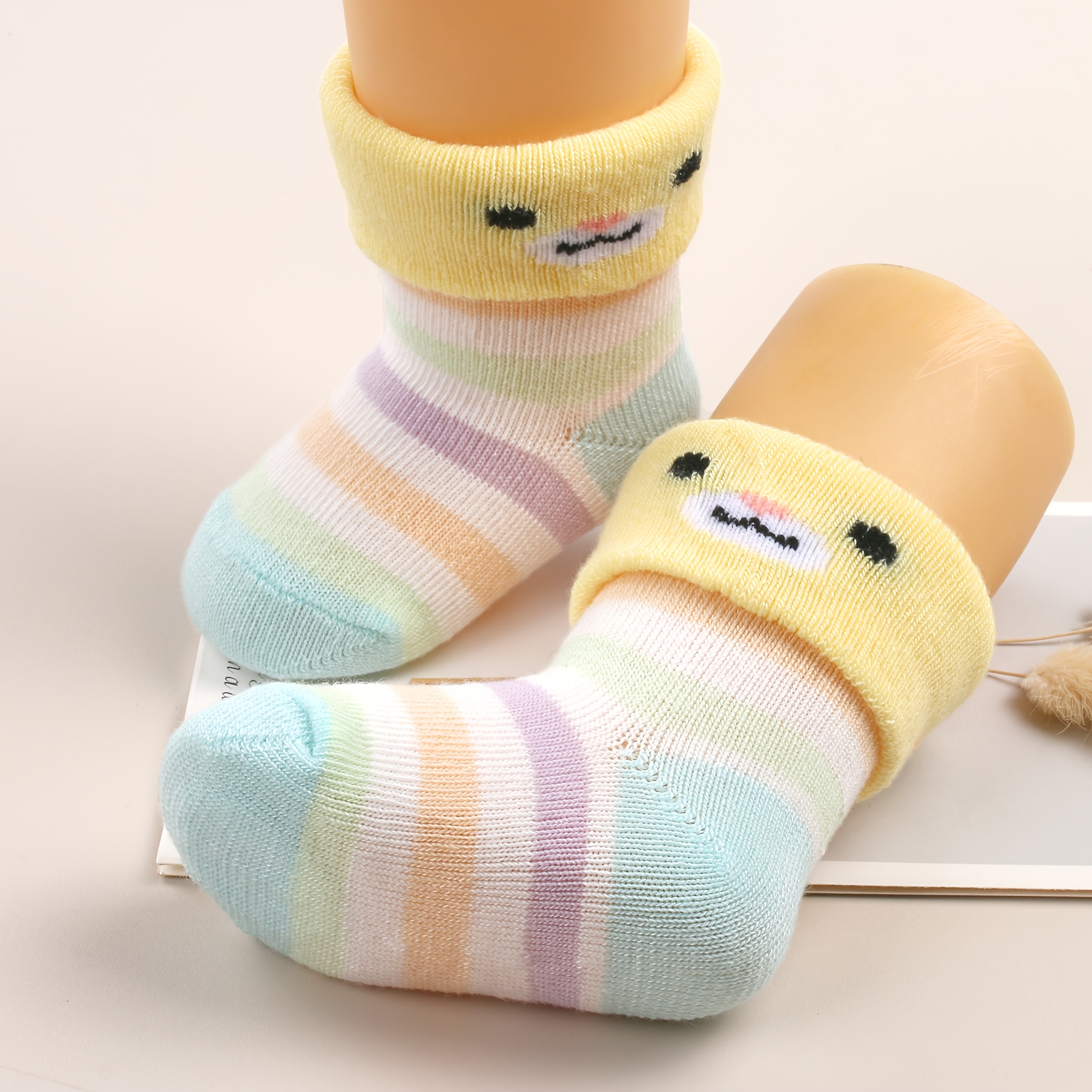 5 Pairs of Cute Cartoon Animal Pattern Socks for Infants and Young Children; Macaron Striped Cuffed Design Baby Socks; Skin Friendly, Comfortable, Breathable Newborn Sock Set; Baby Gift