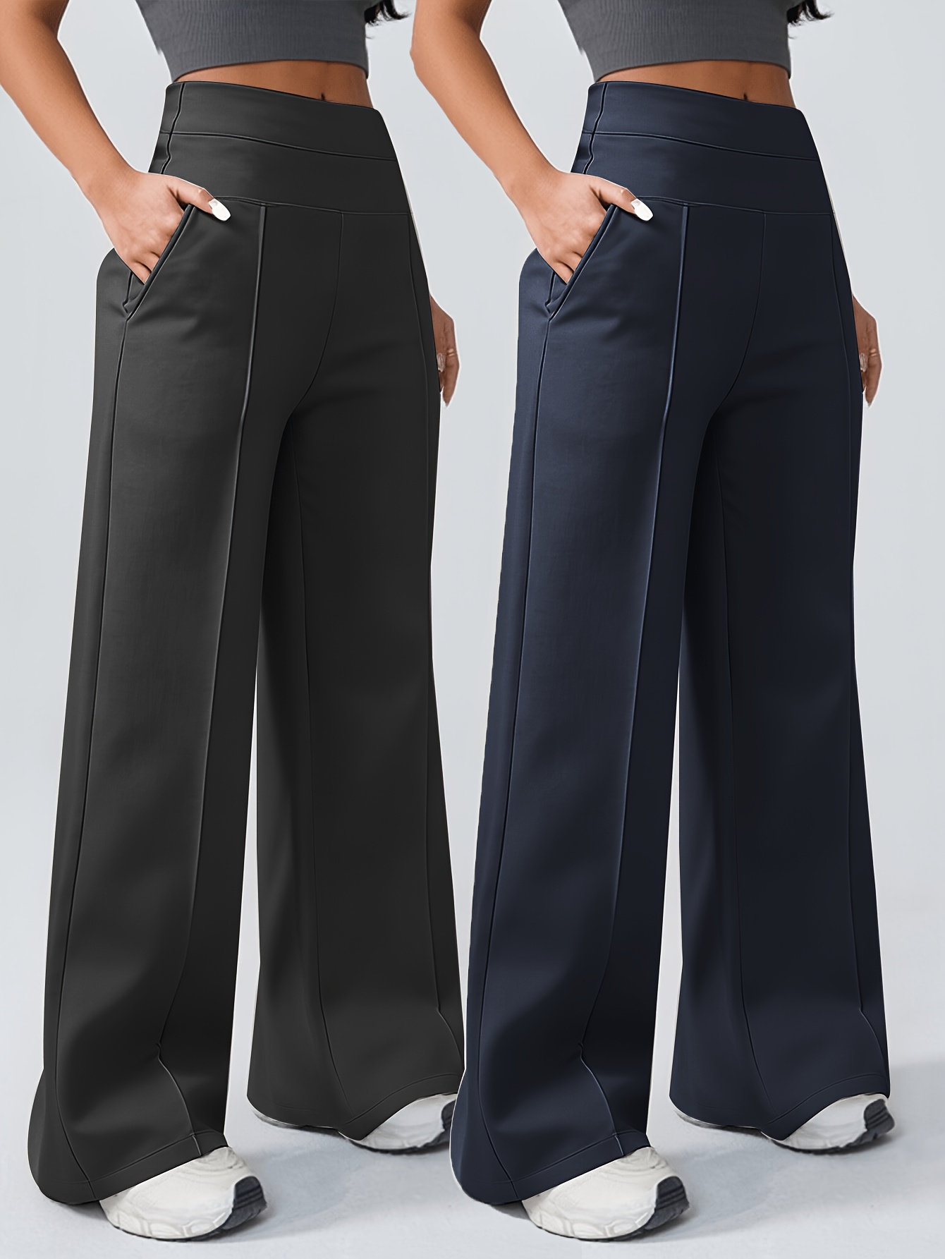 item picture 2pcs womens high waisted wide leg trousers elastic waistband pants with free straight leg full length length suitable for casual office wear blouse compatible for outerwear machine washable spring autumn