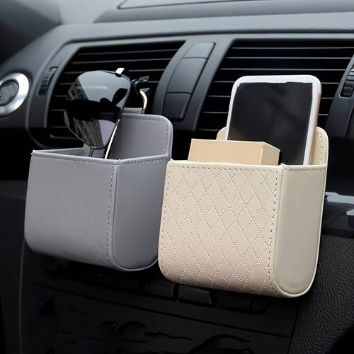1pc premium pu leather car air vent organizer with multi pockets for keys phone glasses fit anti slip hook diamond design black