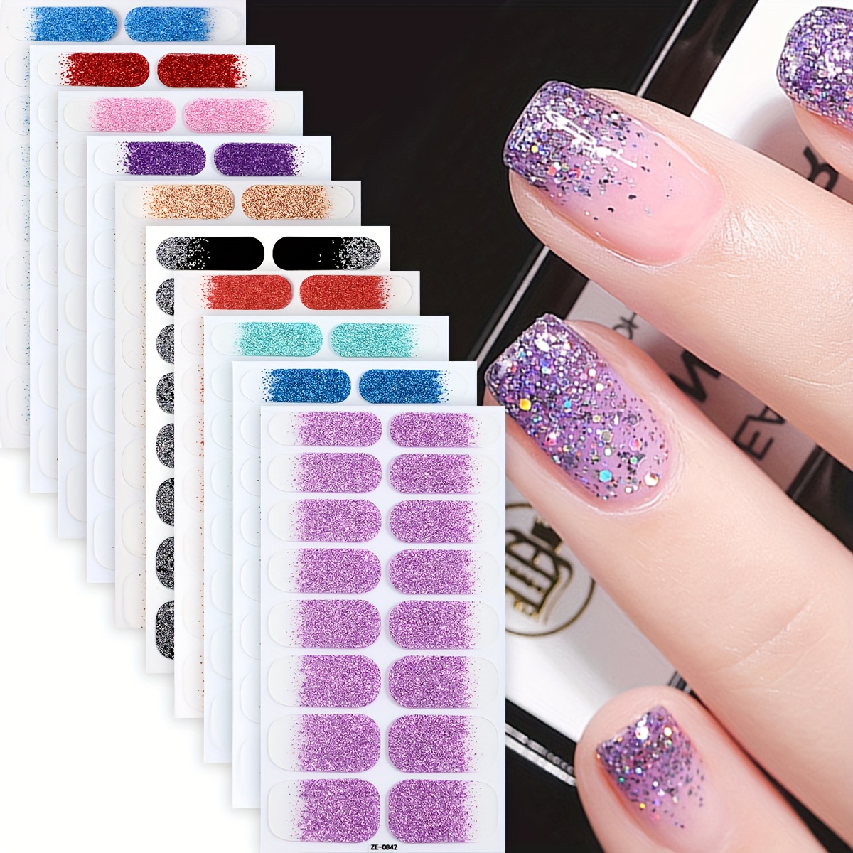 10 Sheets Solid Glitter Nail Polish Strips, Self-adhesive, , Shimmery, Unscented, Fantasy Theme, Single Use, For Women's Diy, Nail Art Supplies, Travel Nail Stickers