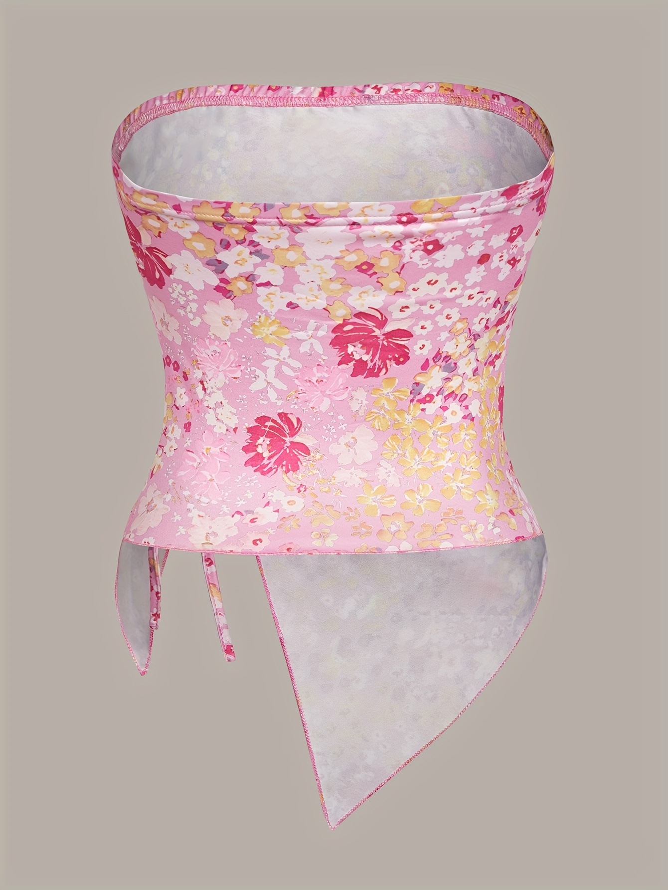 floral print shoulder drawstring crop top asymmetrical hem Temu - Main Image