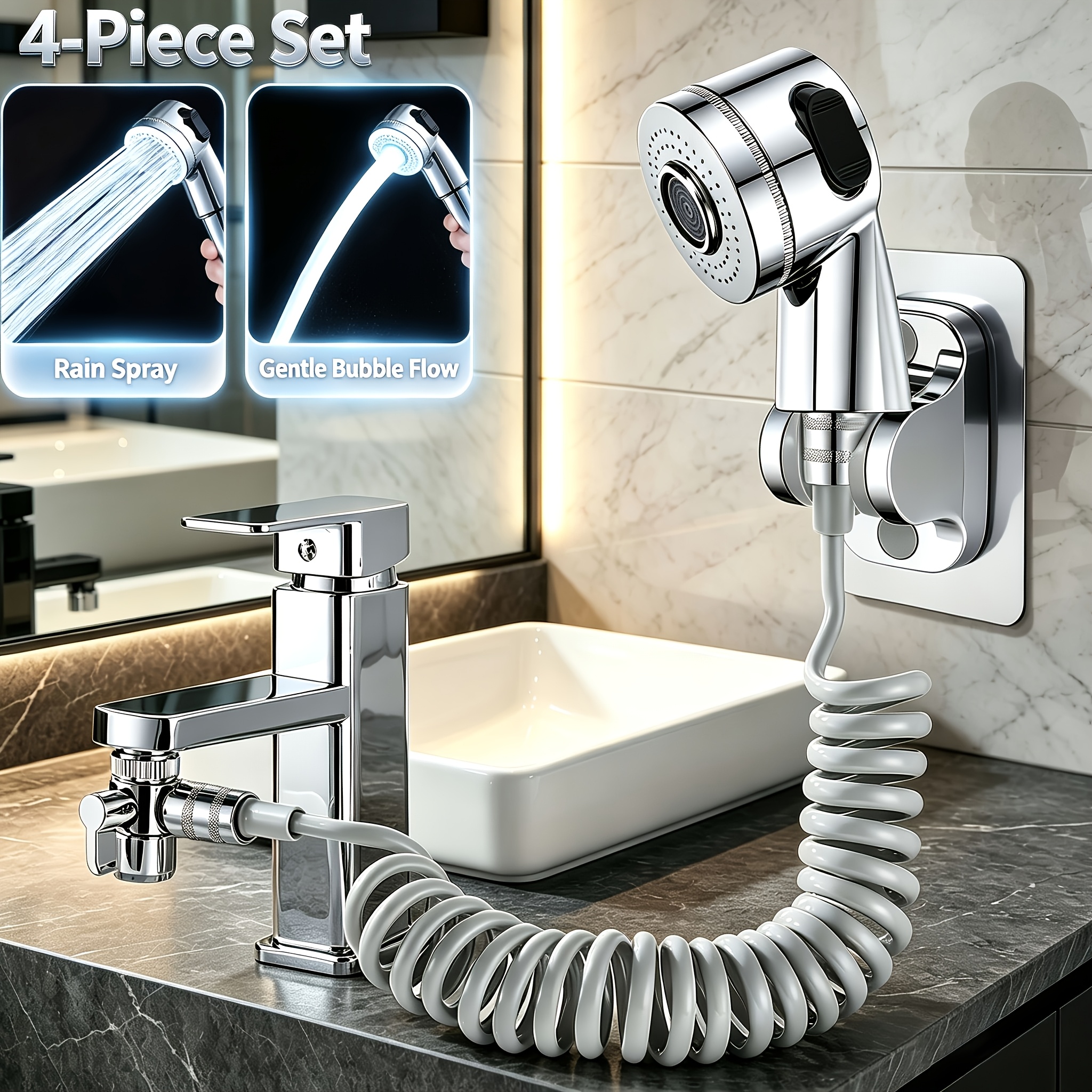 TEMU Set di pulizia corpo 4 pezzi con splitter, tubo telescopico da 2M e supporto senza trapano - Flusso a livello, risciacquo pressurizzato, e