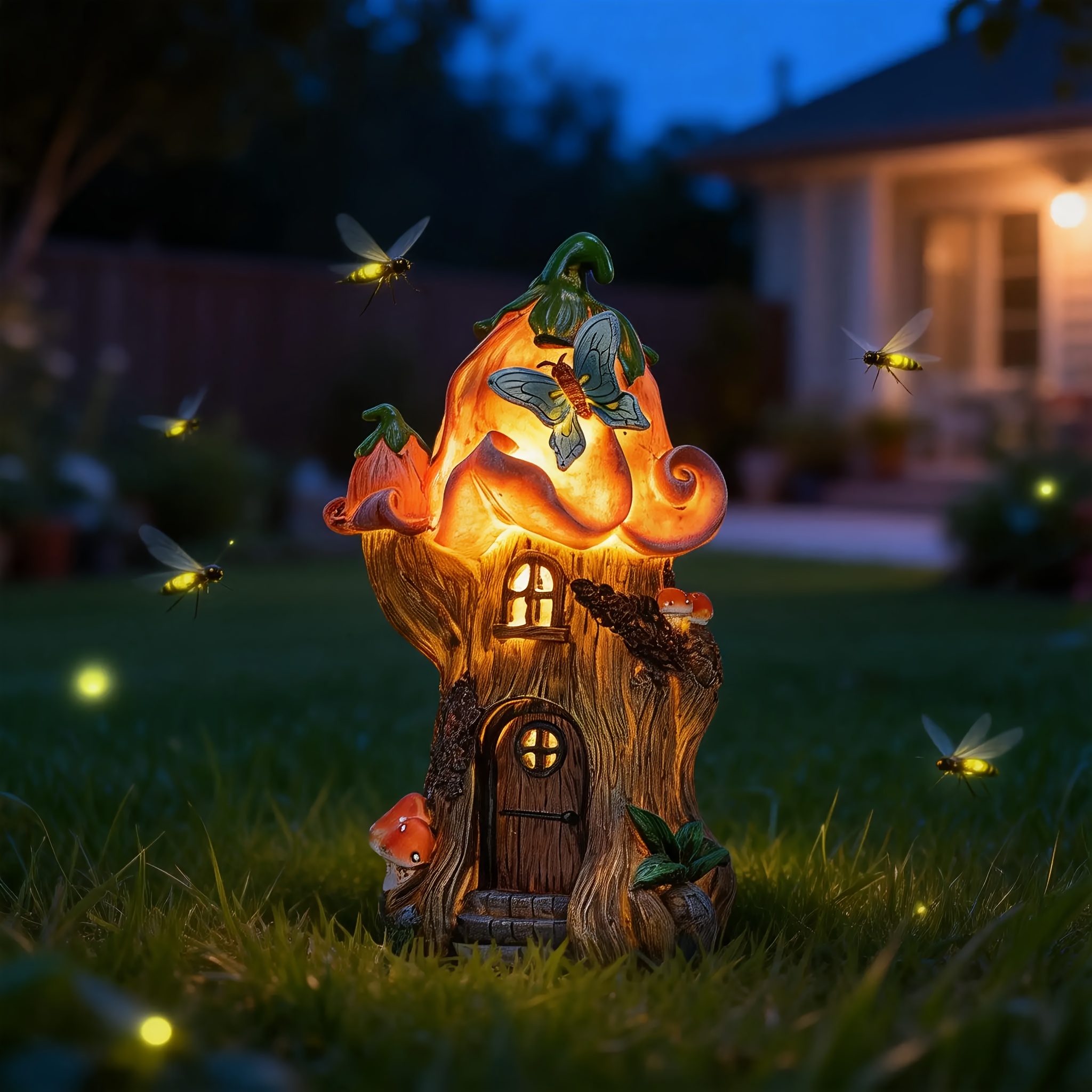 TEMU Solar Powered Resin Fairy Garden House Statue, Waterproof Outdoor Decor With Warm Led Lights, Whimsical Tree Stump Cottage With & Mushroom