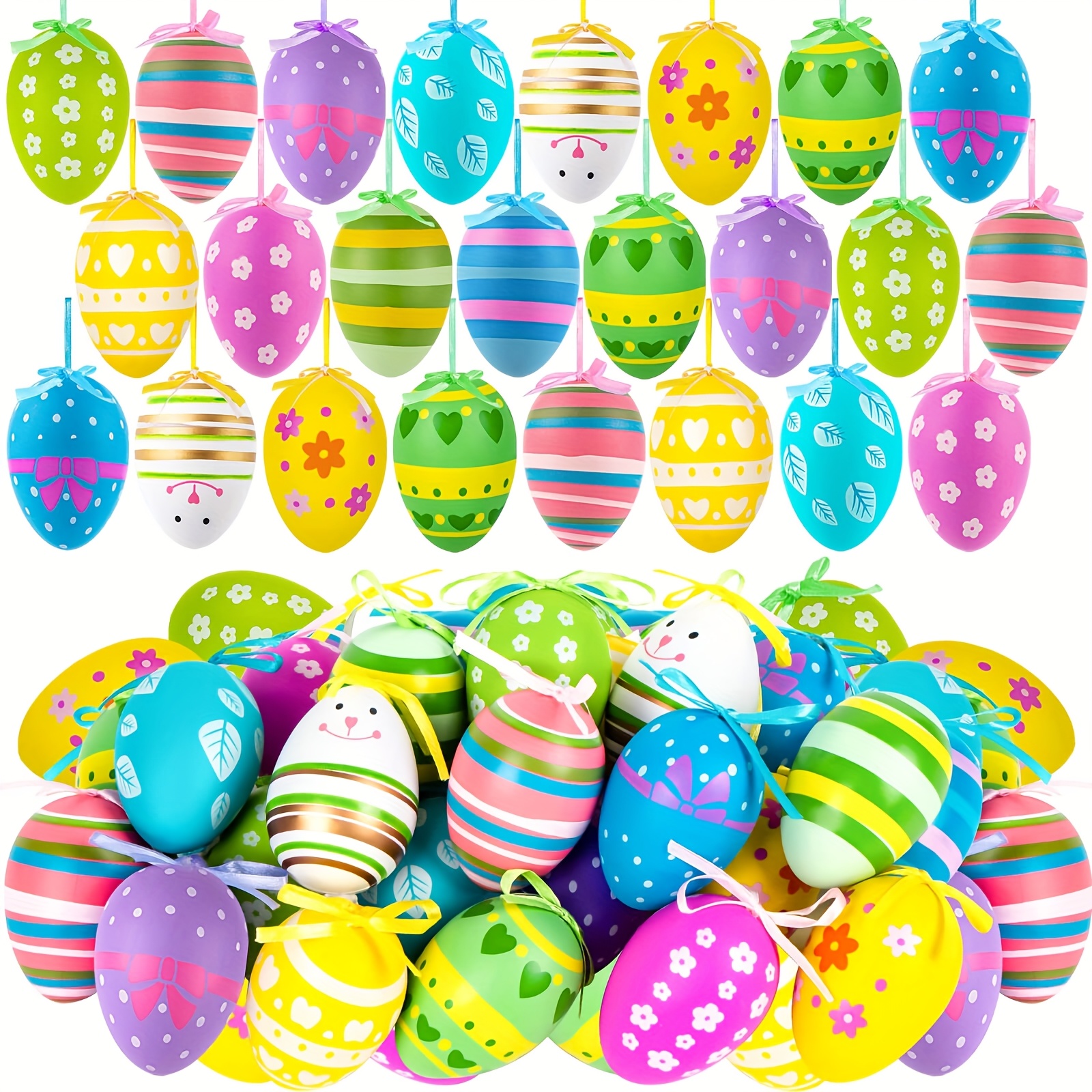 

24pcs Multicolored Hanging Plastic , Easter Tree Egg Ornaments, Easter Tree Decorations, Hand Painted Eggs Easter Ornaments For Tree Basket Diy Crafts Easter Party Favors