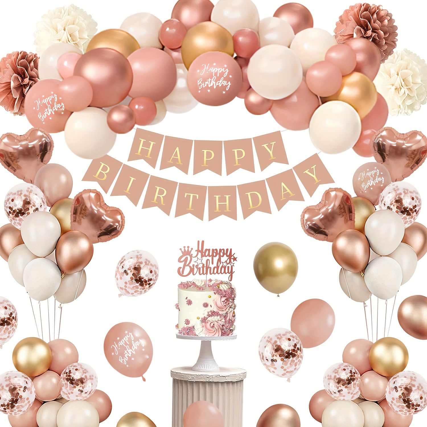 Decoraciones de cumpleaños doradas: juego de decoraciones de fiesta doradas  con pancarta de cumpleaños, globos de confeti blanco dorado, fondo de