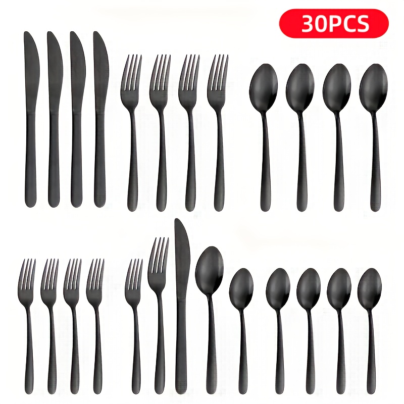 

30pcs/set Black Stainless Steel Cutlery, 6 Person Cutlery Set With Fork, Spoon, Knife, Home/ Kitchen/ Restaurant/ Outdoor Cutlery Set, Polished, Ergonomic Handle, Comfortable To Hold, Dishwasher Safe