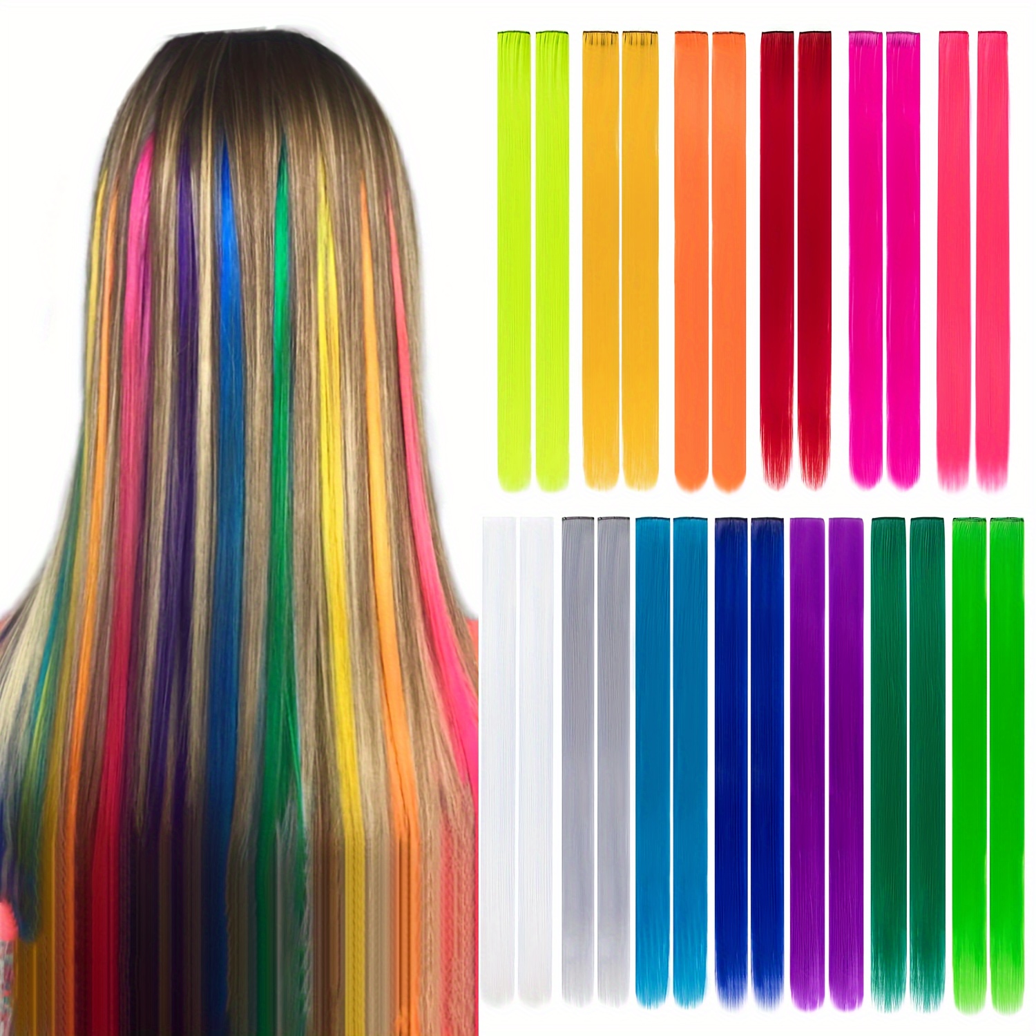 

20-inch Rainbow Clip-in Hair Extensions, 26pcs - Colorful Highlight Hairpieces For Girls And Women, Heat Resistant Fiber, Rainbow Hair Extensions