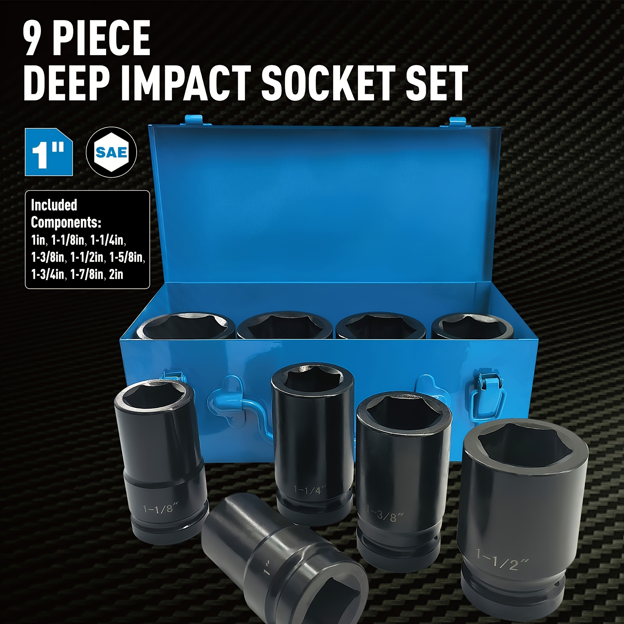 

Driver Depth Impact Socket Kit 9 Pieces Jumbo Impact Socket Kit Sae 1" To 2", 40 Cr, 6 Point Impact Jumbo Socket Kit, Metal Housing