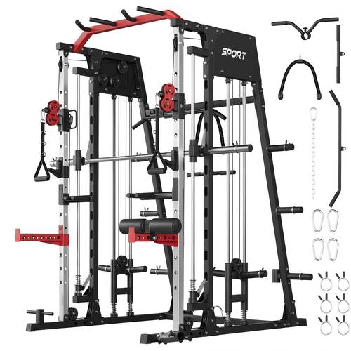 machine home gym all in one 2200lbs squat rack with bar lat pull down cable systems leg hold down and more attachments workout equipment red black plates