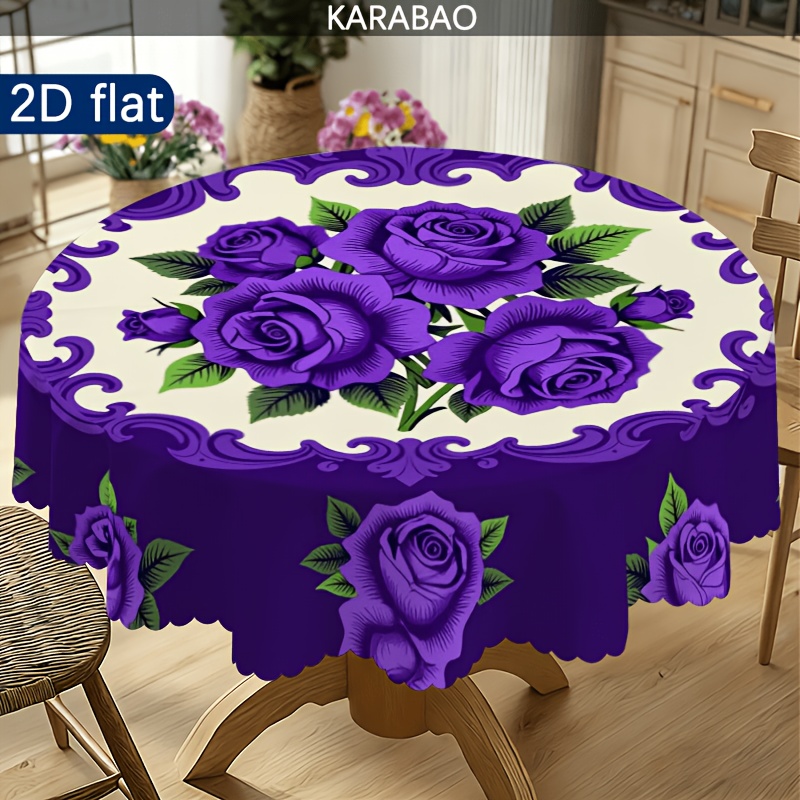 TEMU 2d Flat, 1pc Purple Rose-patterned Round Tablecloth, Elegant Vintage Design, Suitable For Table Decoration, A Perfect Gift For , Home, Kitchen