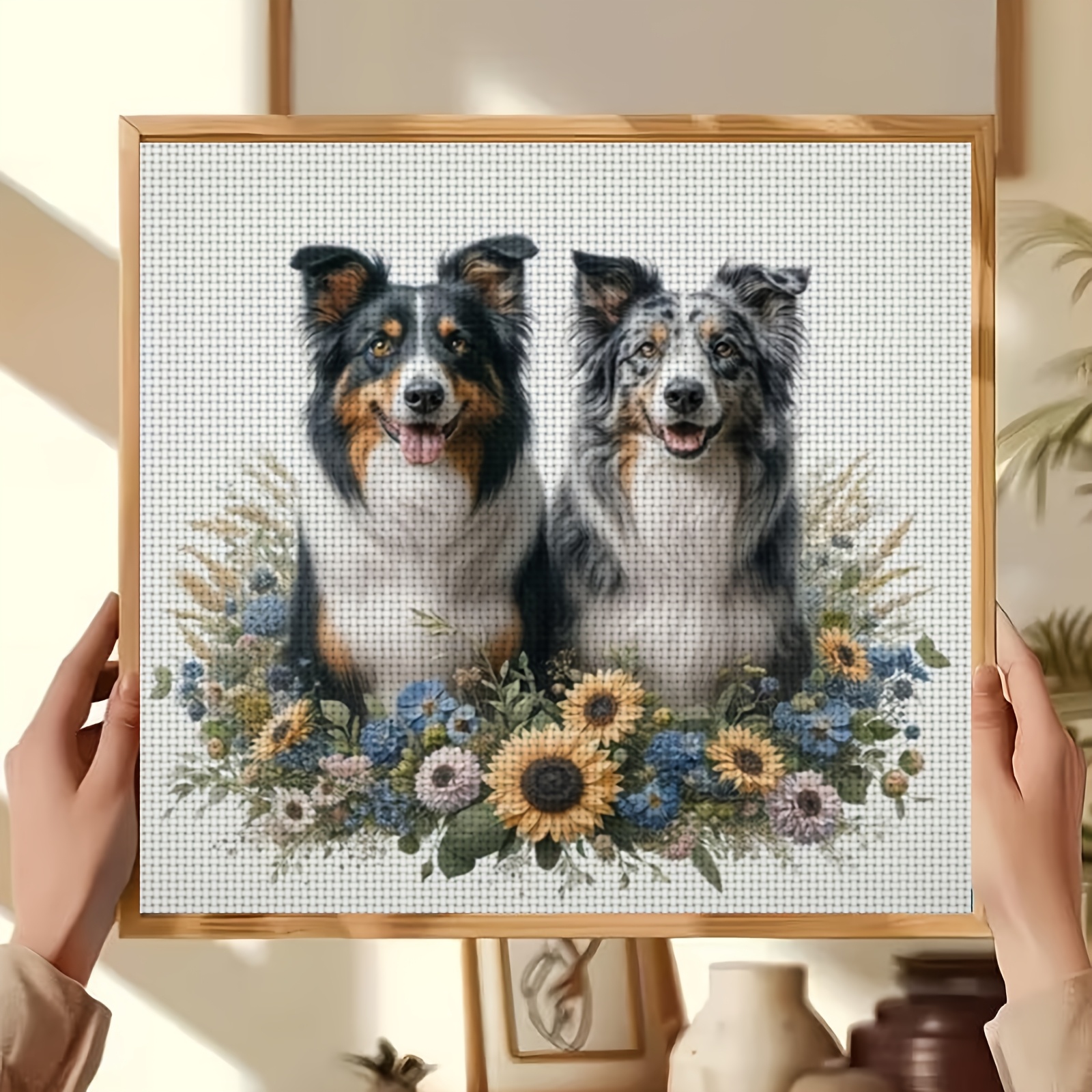 DIY Cross Stitch Kit - Smiling Dogs & Flowers Design for Beginners