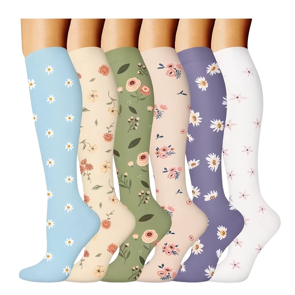 TEMU 6 Pairs Floral Series Compression Socks Set Suitable For Men Women Lady Fashionable Light High Sports Stockings Essential For Flying Travel Must