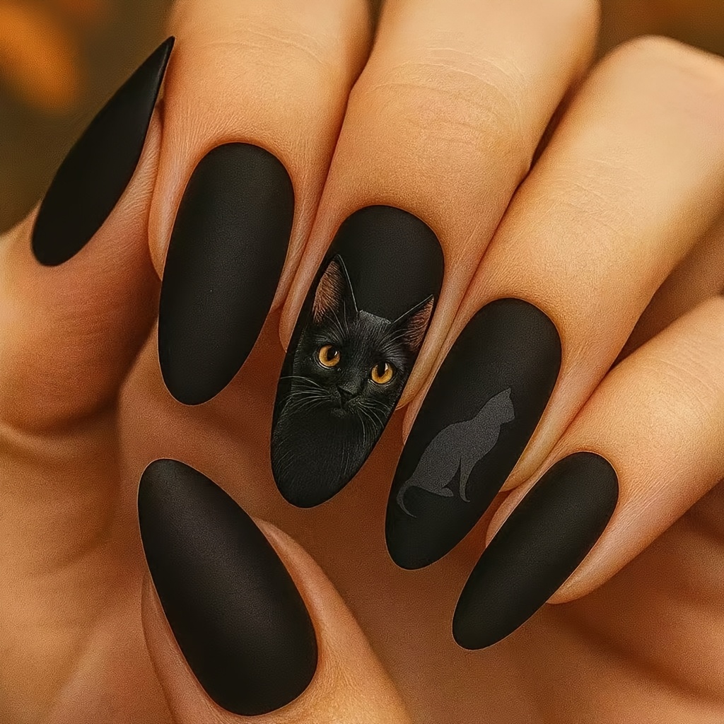 TEMU Faux ongles noirs noir cool à presser, silhouette de réaliste à , autocollants pour faux ongles , 24 pièces