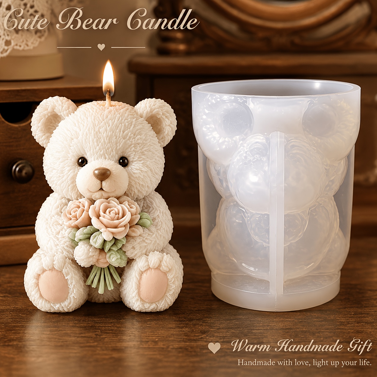 TEMU Candle Mold, Cute Bouquet, Bear Scented Candle Silicone Mold, Exquisite Three-dimensional Plush Texture Rose Bouquet Soy Wax Handmade Mold,