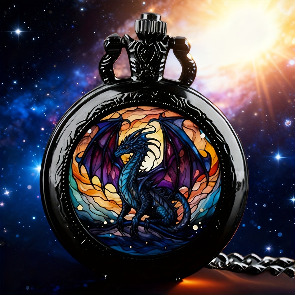 1pc Fashionable Elegant Necklace Quartz Pocket Watch - Dinosaur & Starry , Alloy Case, Quartz Movement, Unique Christmas Birthday New Year Gift For