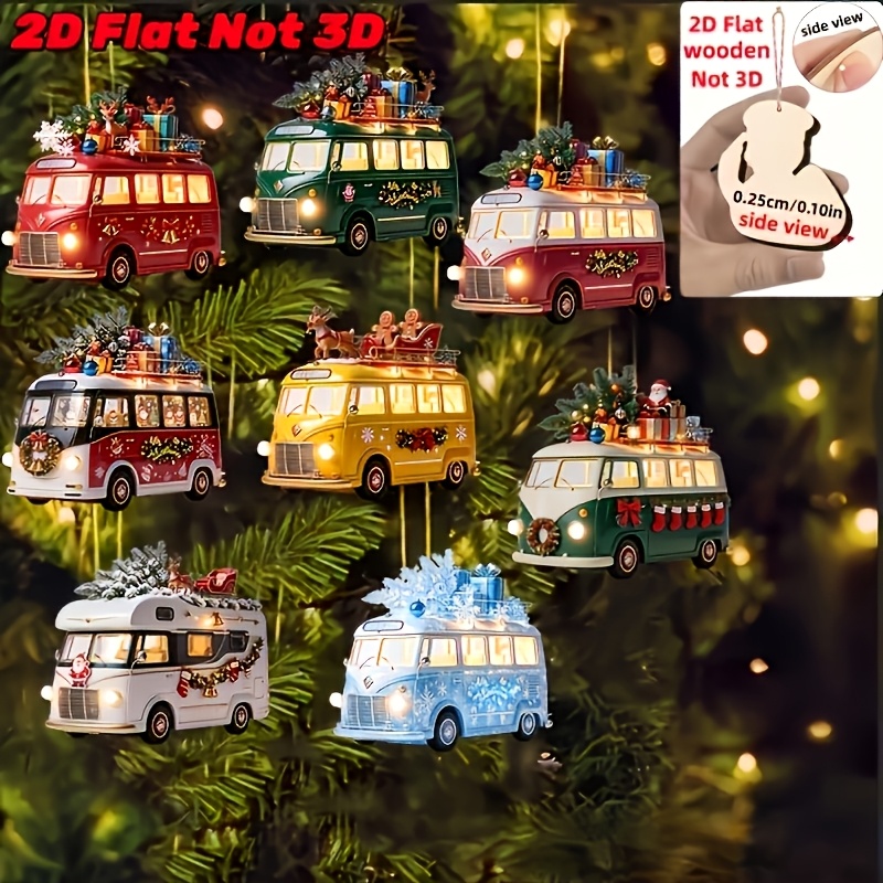 TEMU 2d Flat, 8pcs Christmas Series 8pcs Christmas Bus Gingerbread Santa Reindeer Gift Box Character Design Patterns Holiday Pendant, Handmade Wooden