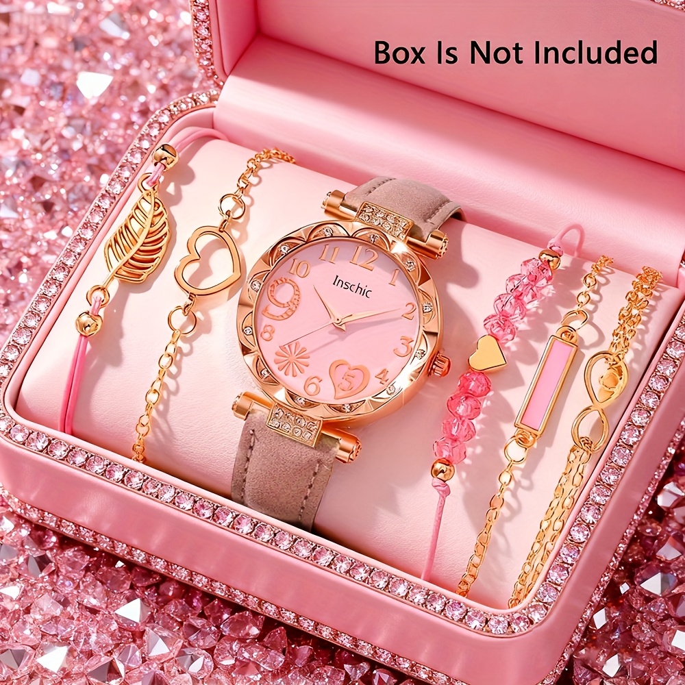 6pcs/set Elegant Vacation-style Ladies' Quartz Watch Set, 1 Watch + 5 Bracelet Set, Exquisite and Versatile Ladies' Watch Set