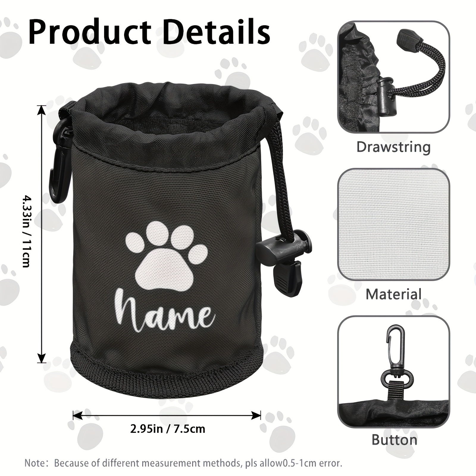 TEMU Custom Name Dog Treat Bag With Drawstring - Portable Dog Training Pouch Featuring A Paw Heart Print Design, Made Of Durable Polyester For Pet