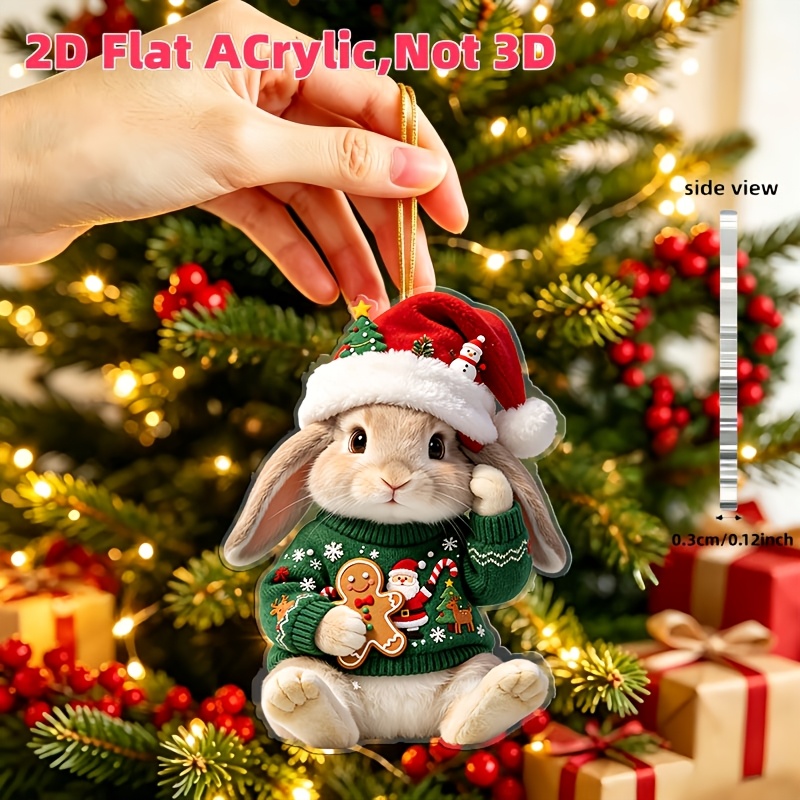 TEMU 2d Flat, 1pc Adorable Floppy-eared Rabbit Ornament - Rabbit Sweater & Santa Hat Hanging Decoration, Acrylic Flat Pendant Suitable For Backpacks,