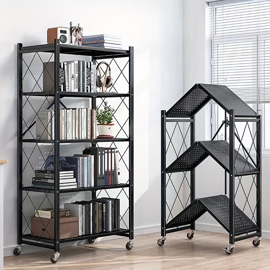 Office Bookshelf Shelving Unit, 3/4/5-Tier Unassembled Storage Rack, Equipped with Wheeled Multi-Layer Storage Shelves, Portable Floor-Standing Versatile Miscellaneous Storage Rack