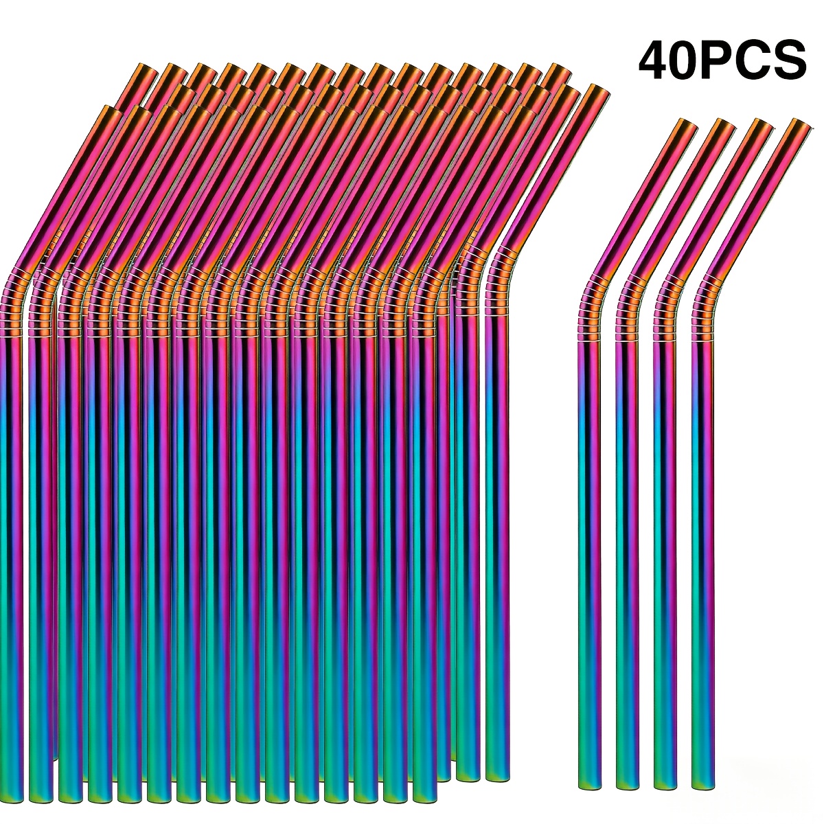 Image of (large Pack) 40 Rainbow , Beverage Stirring Sticks, Juice Stirring Sticks, 21.5cm Stainless Steel Straws, Iced Tea/cold Drink Curved Straws, Dishwasher , Suitable For Home, Parties And Gatherings.