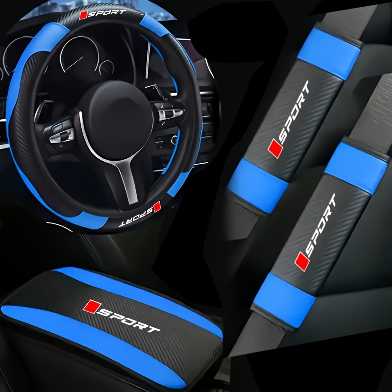 TEMU 4pcs Car Interior Set, Printed Letter Combination, Steering Wheel Cover, Seat Belt Shoulder Pad Protector, Armrest Box Pad, Universal Size,