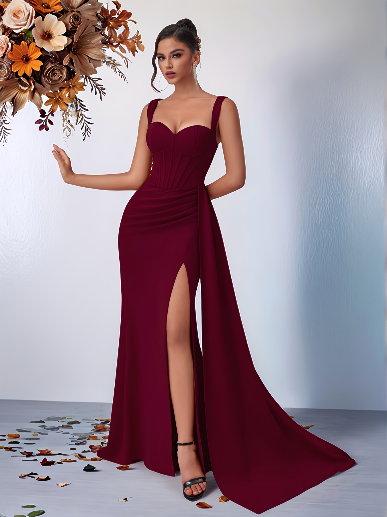 thick strap sweetheart neckline long sash waist front slit - Temu
