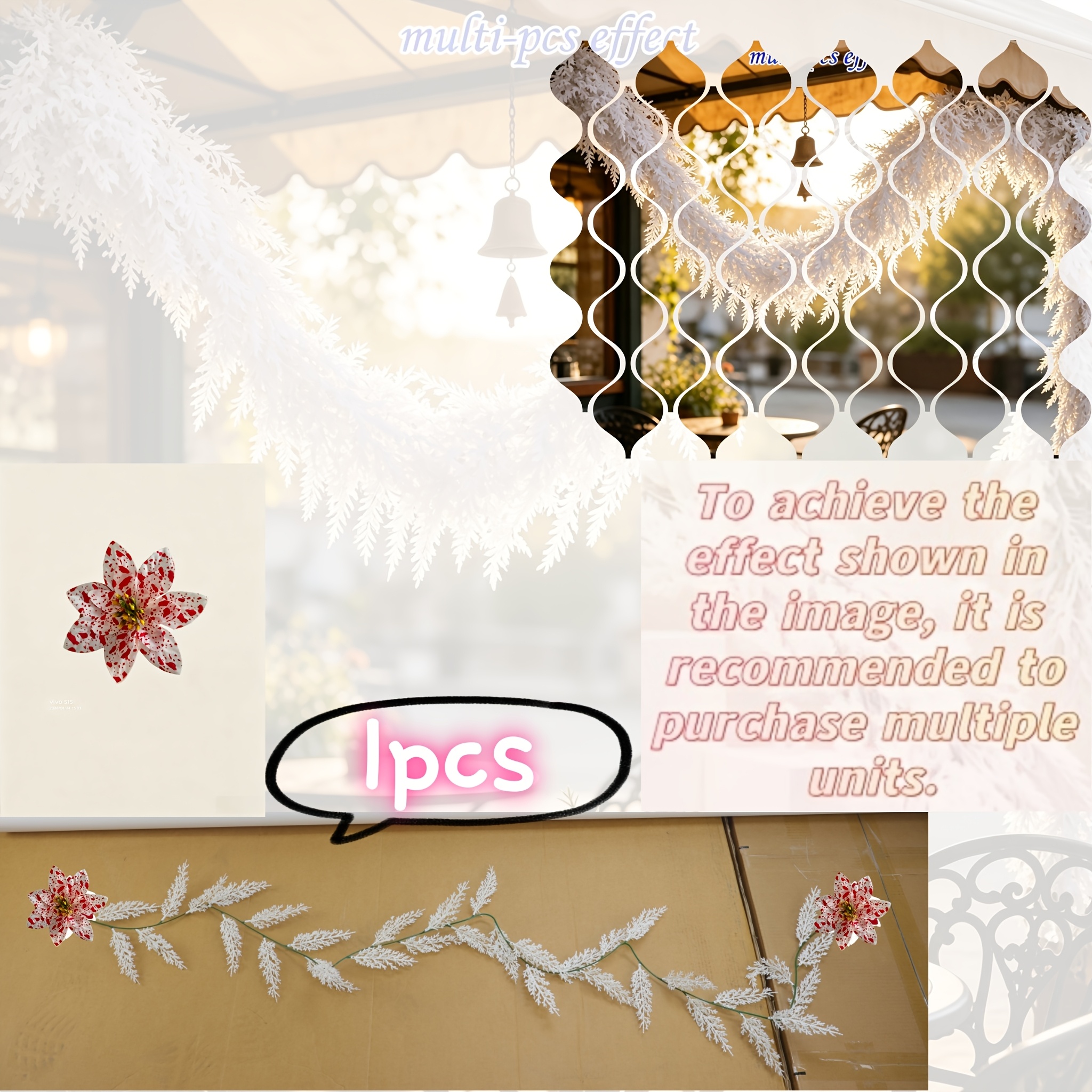 TEMU 1 Piece 70.86-inch Luxurious Large Artificial Decorative Vine + 2 Flowers - Soft And Thick Leaves, Realistic White Foliage Design, Ideal Decor