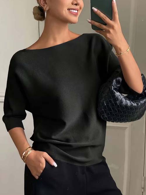 elegant round neck solid color loose fitting versatile soft sleeve off shoulder pullover suitable for daily casual