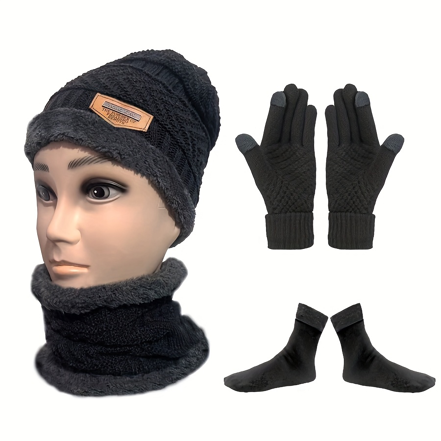 

4pcs Winter Accessory Set - Polyester Knit Fabric, Non-slip Warm Beanie Hat, Neck Warmer Scarf, And Gloves With Socks For Men And Women