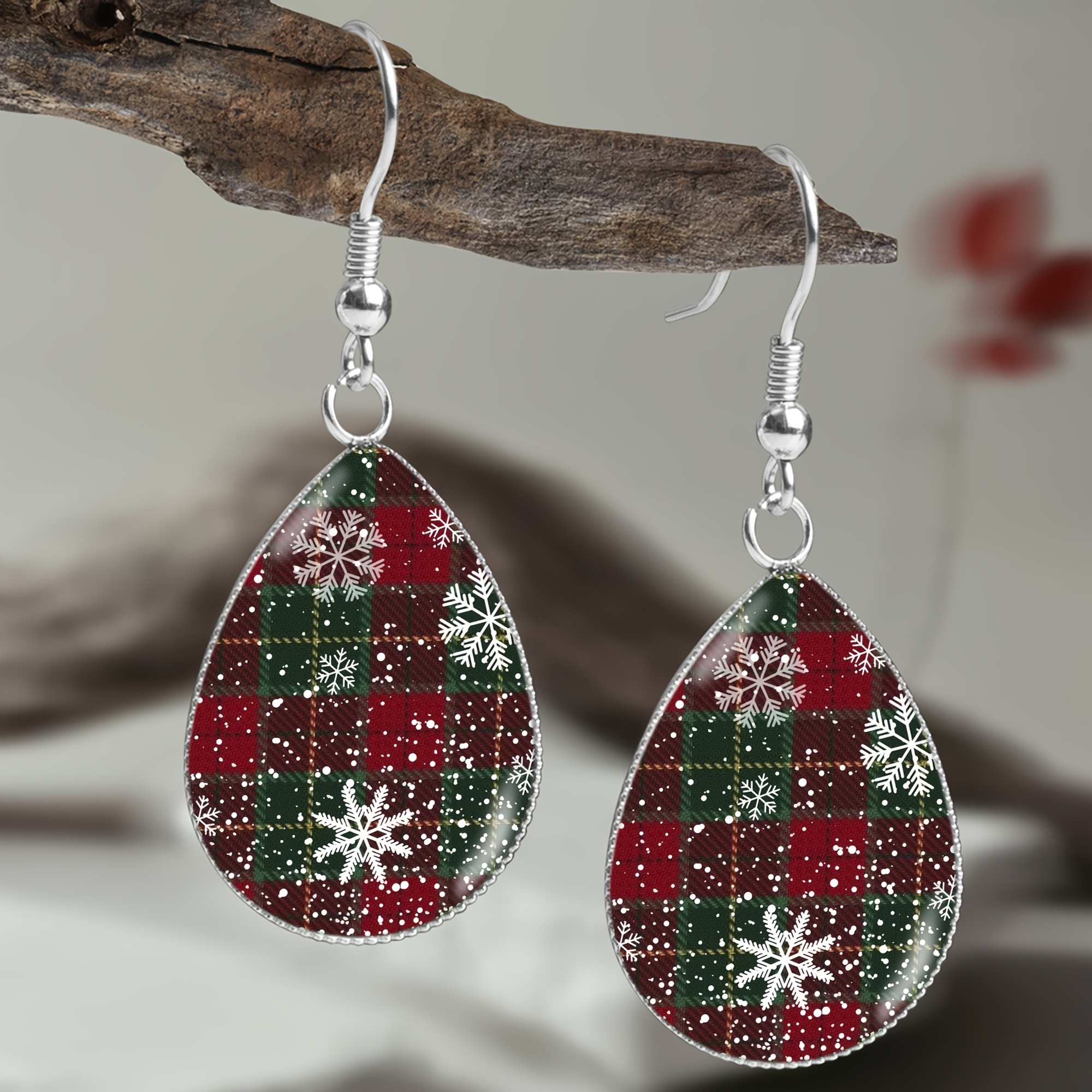 Unisex Christmas Plaid Snowflake Drop Earrings