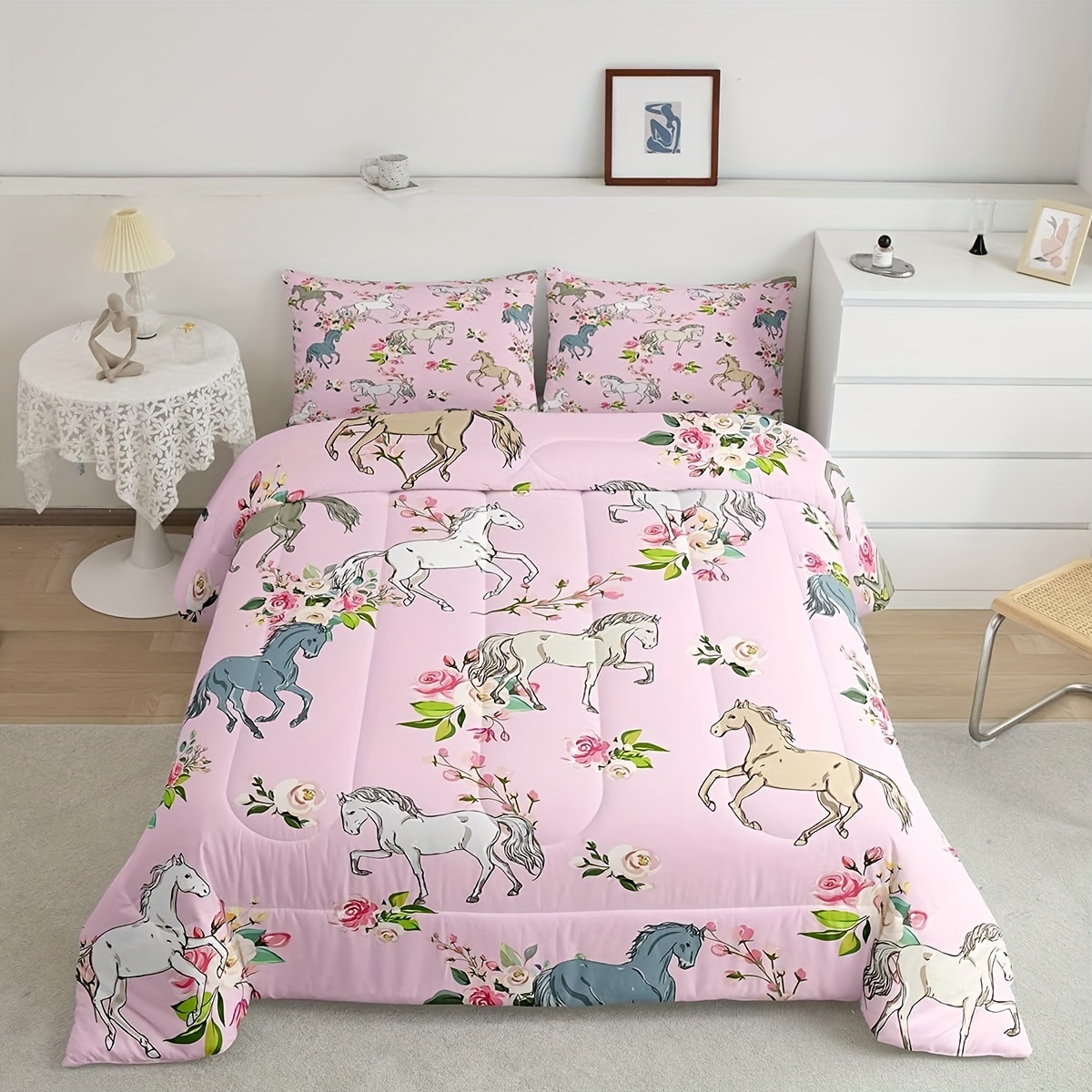 TEMU Horse Comforter Set Rose Flower Bedding Sets, Western Decor Cowboy Cowgirls Wild Animal Floral Bedding Comforter Sets, Cute Horses Flower Duvet Insert Kawaii Room Decor