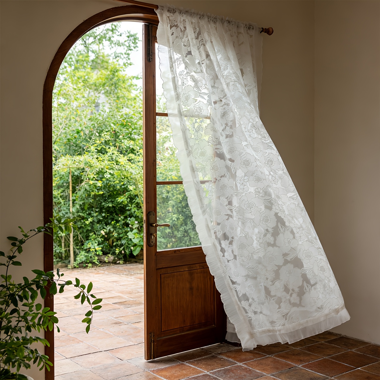 Image of 1pc Burnt-out Rose Sheer Curtain, Romantic Sheer Window Curtain, Bedroom Bay Window Room Curtain With Heavy Cut-out Floral Craft And Wavy Lace Trim