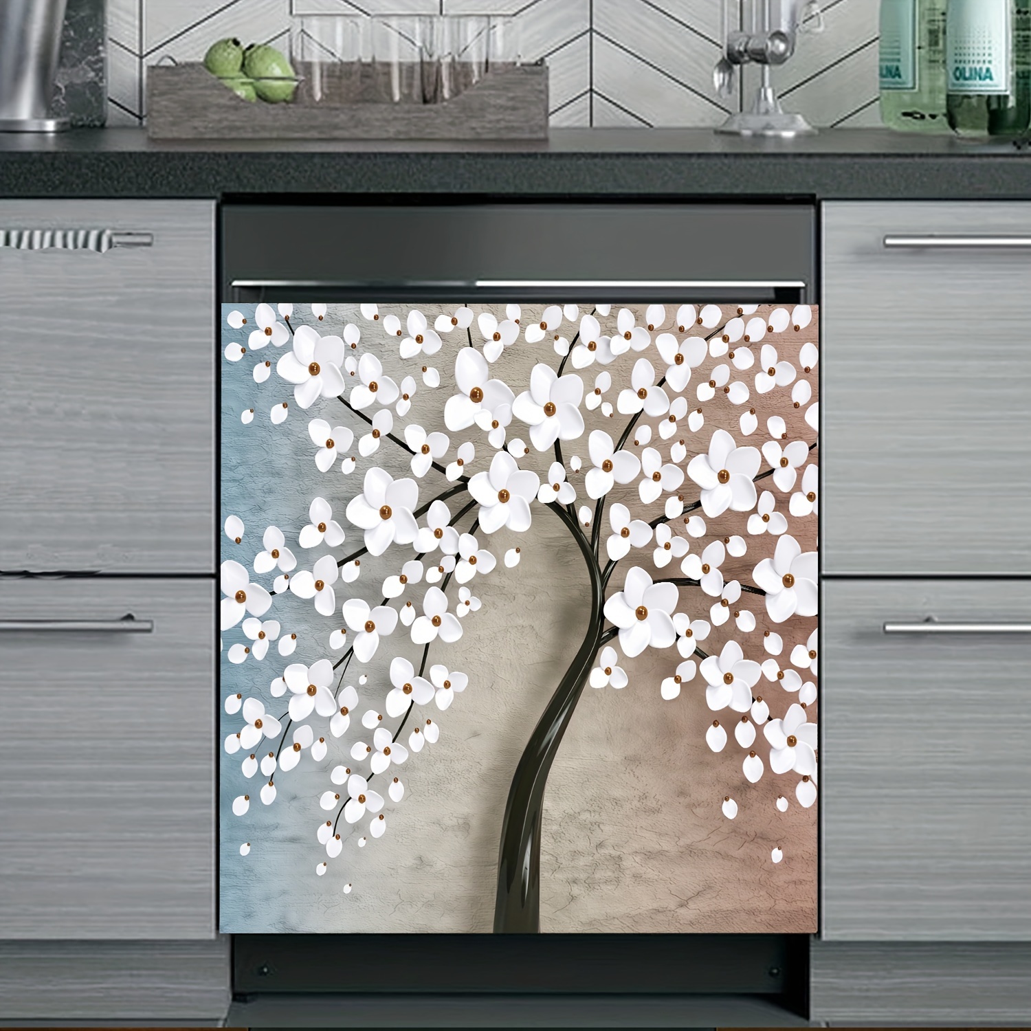 

Magnetic Dishwasher Cover With White Floral Art, Vinyl Decorative Panel, Universal Fit Rectangle Fridge Magnet, Portrait Orientation For Kitchen Decor - 1 Piece