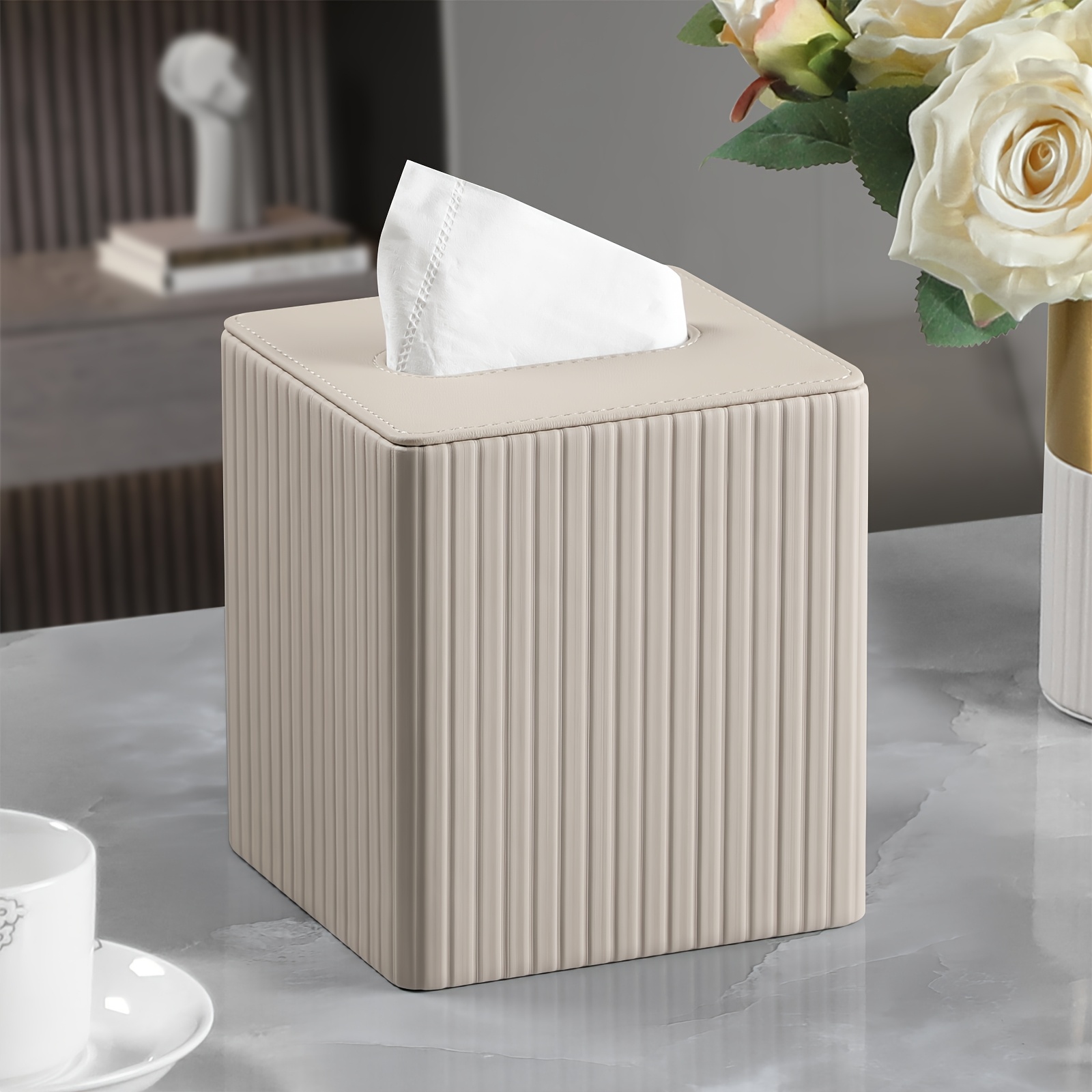   tissue box in elegant colors made of pu leather featuring a magnetic closure at   with a striped decorative surface suitable for bathrooms bedrooms or offices Product details 0