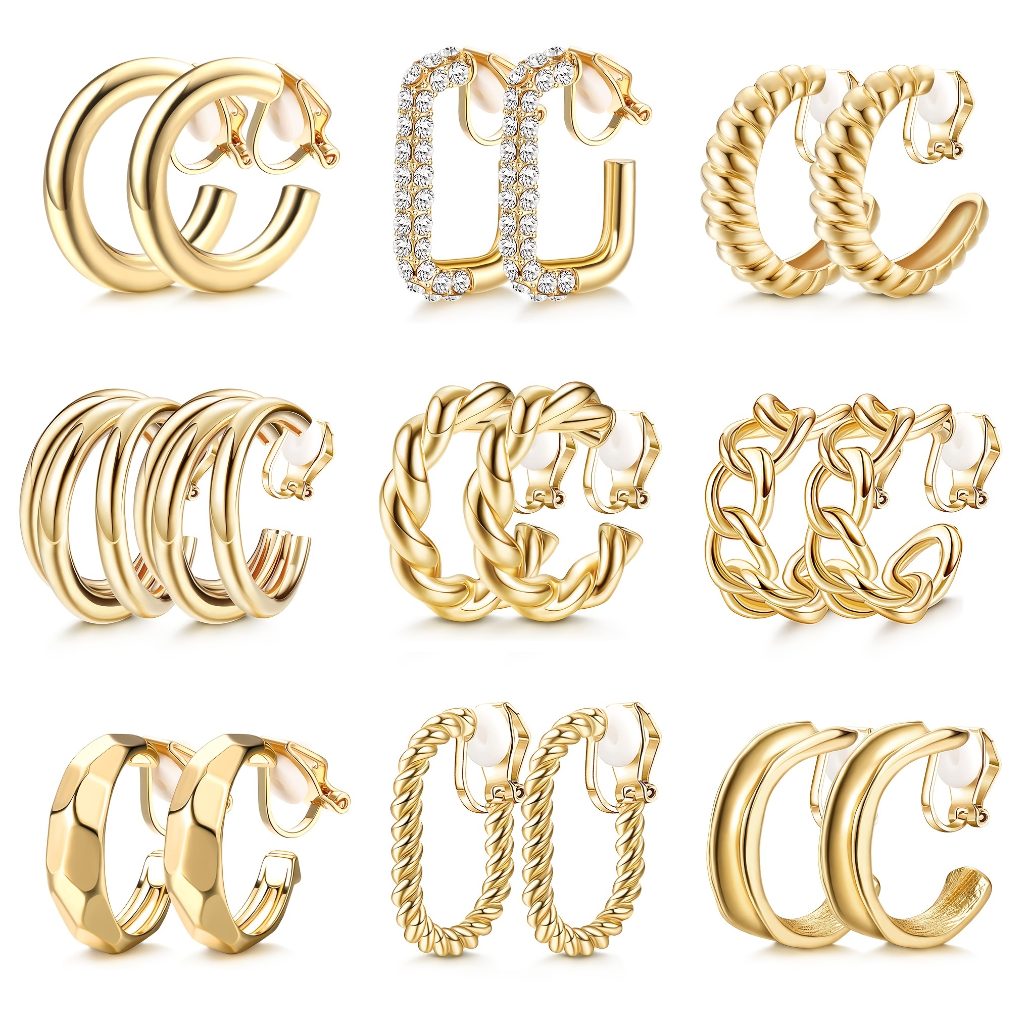 

Elegant 4 Pairs Golden Clip-on Hoop Earrings Set, Twist & Triple Designs, Geometric Non-pierced Vacation Style Ear Clips For Women