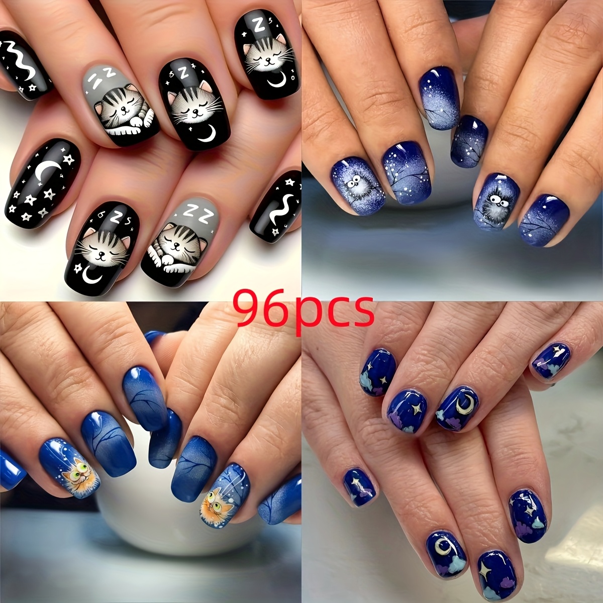 Image of 96pcs Short Square Press On Nails, With Cat, Star, Moon, And Owl Patterns, With Jelly Glue And A Nail File, Suitable For Women' Gatherings And Festivals