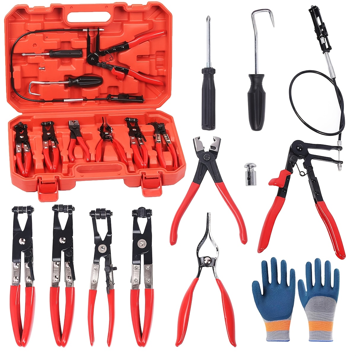 TEMU 9pcs Hose Clamp Pliers Tool Set, For Fuel Oil And Water Hoses, With Flexible Wire Long Reach Hose Clamp R Type Swivel Jaw And Flat Band Pliers