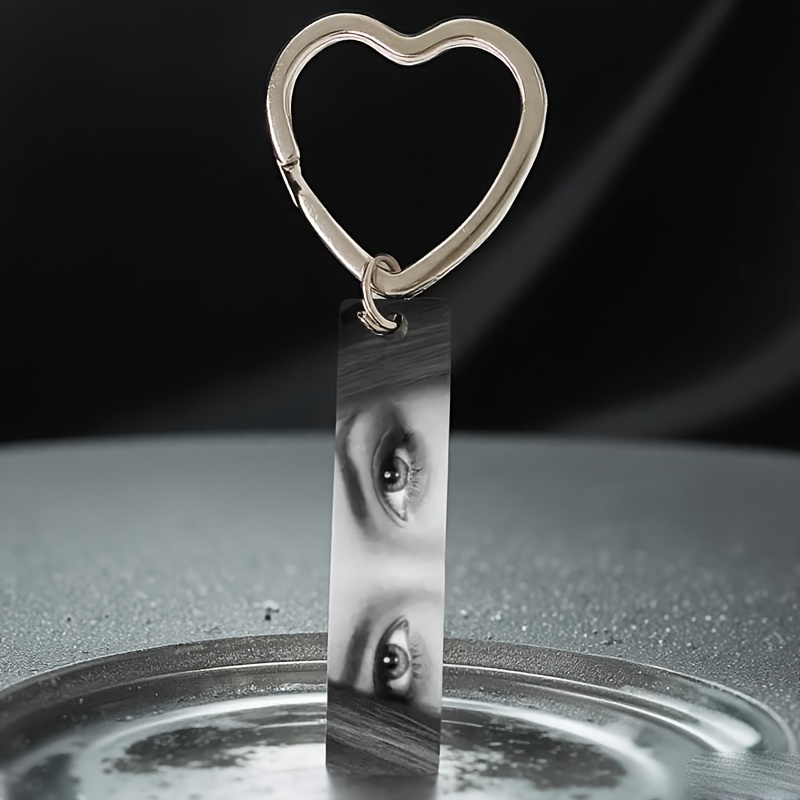 Image of 1pc Custom Stainless Steel Photo Keychain - Personalized Name Tag With Heart-shaped Ring, Ideal Valentine's Gift For , Valentine's Day Accessory|stylish Keychain|sleek Metallic Finish