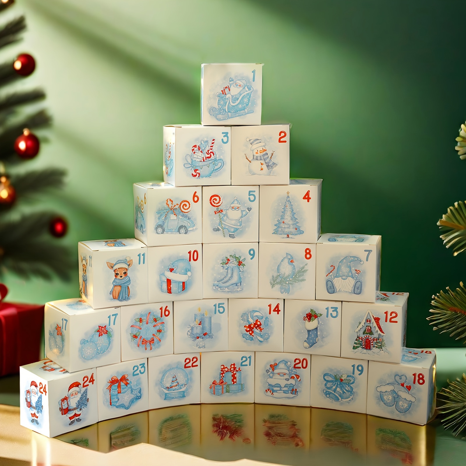 

24-piece Christmas Advent Calendar Candy Boxes - Ice Blue Countdown With Numbers, Reindeer & Snowflake Designs - Perfect For Holiday Gifts & Party Favors