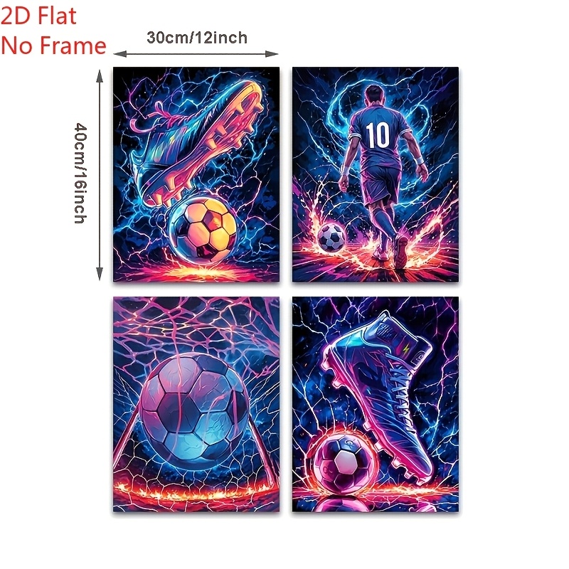 E-shop 2D Flach, 2D Flach, 4er-Set stilvoller Fußball-Leinwanddrucke, mit Neon-Fußball-Motiv, ideal zur Dekoration von Wohn- und Schlafzimmern, eine