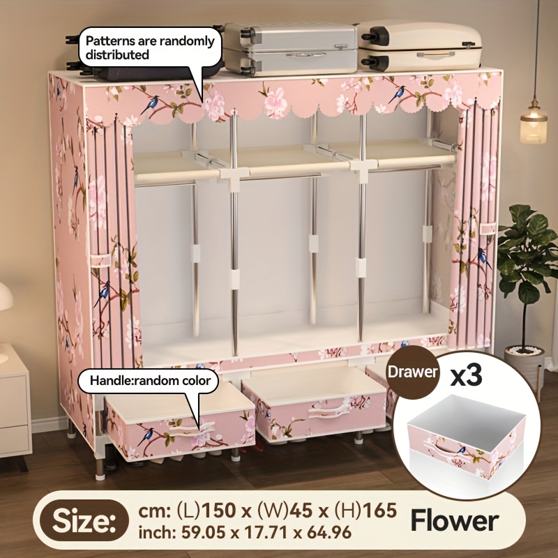 Image of Aosenko 1pc Christmas Elk Wardrobe, Modern , Reinforced Steel Tube, Sturdy & Durable, 6 Storage Shelves, 3 Hanging Rods & 3 Drawers For Clothing Storage, Portable Closets