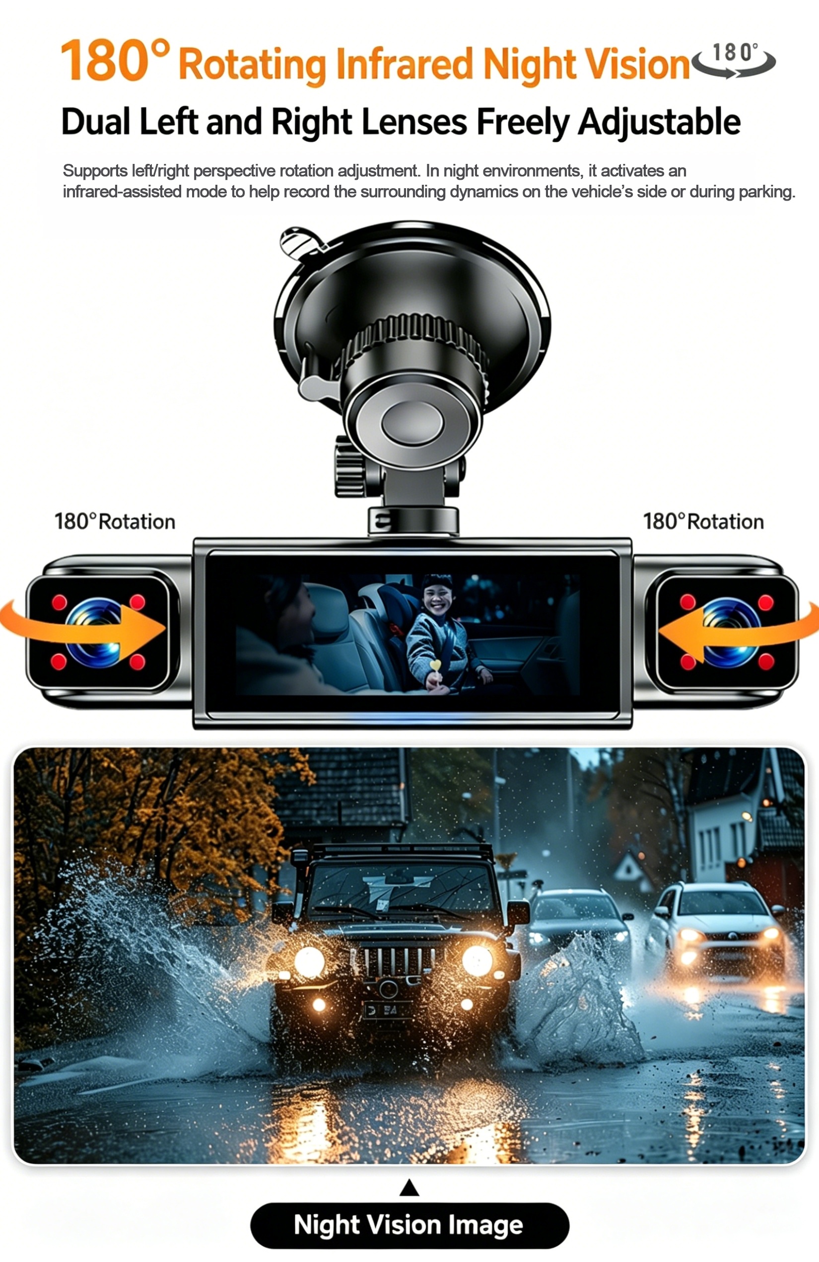 ETYMOOFOX 4-Channel Dash Cam for Cars with 3” IPS Screen, 1080P Front & 720P Rear/Driver/Side Cameras, Night Vision, Loop Recording, Parking Monitor System, Hardwire Kit Required Suitable for Vehicle Surveillance, Dashcam Accessories