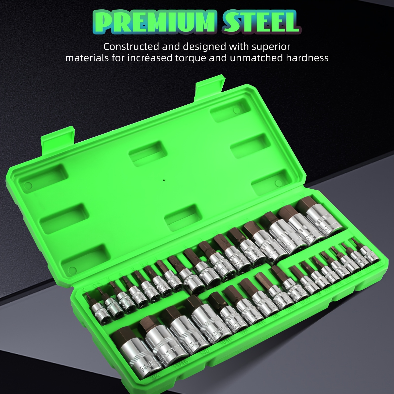 Hex Bit Socket Set 32pcs, 1/4 , 3/8 , & 1/2 Drives Allen Socket Set SAE And Metric Size, Master Allen Head Hex Key Socket Set Made Of S2 Steel,   Storage Case